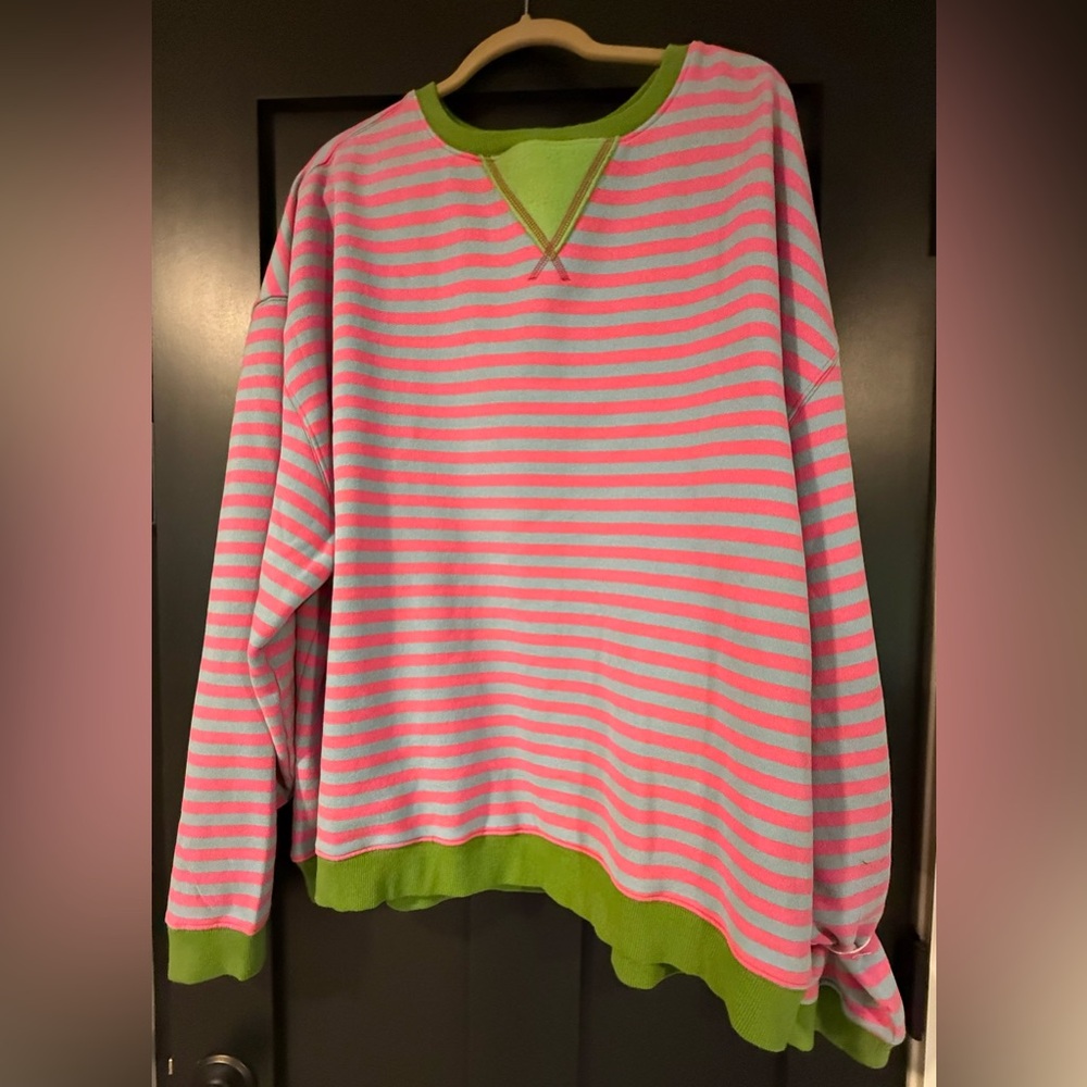 Natural Life Pink and Green Oversized Striped Comfy Sweatshirt
